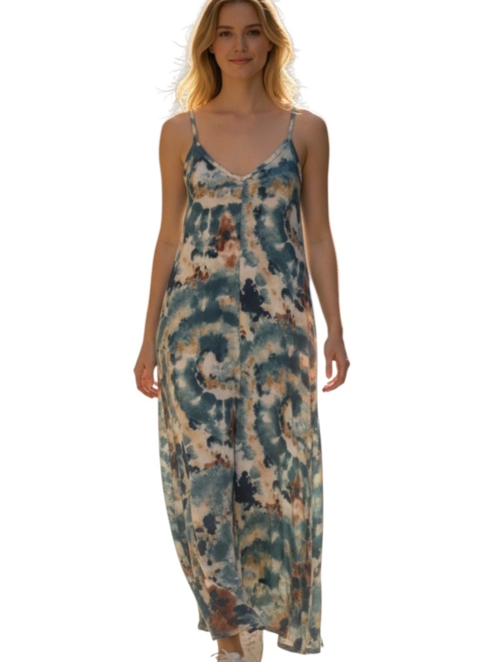 Zenana 1x Tie-Dye Maxi Slip Dress in Blue, Green and Brown - Picture 2 of 6